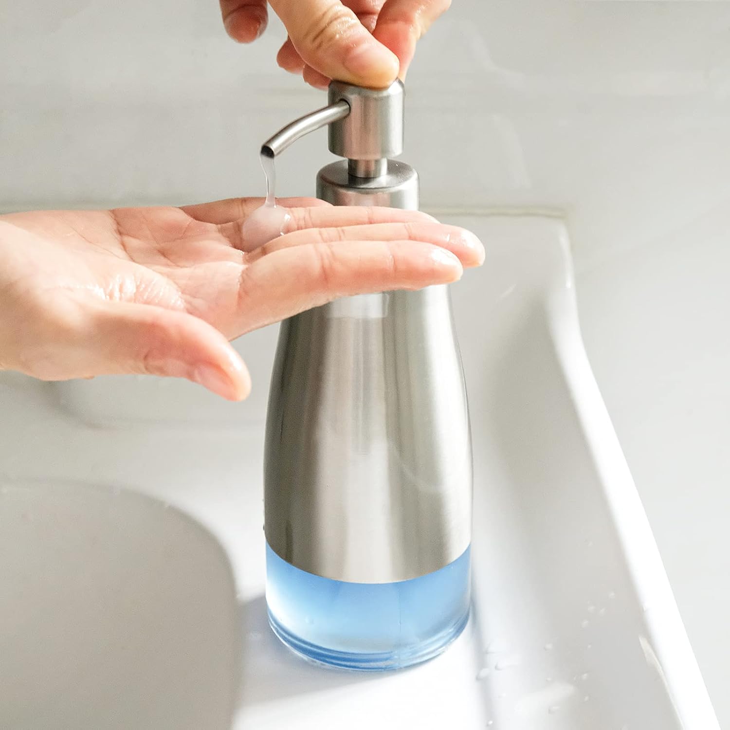 AUMIO 2-Pack Hand Soap Dispenser Set, Stainless Steel Case with Glass Liner | Brushed Nickel Finish | Refillable Design
