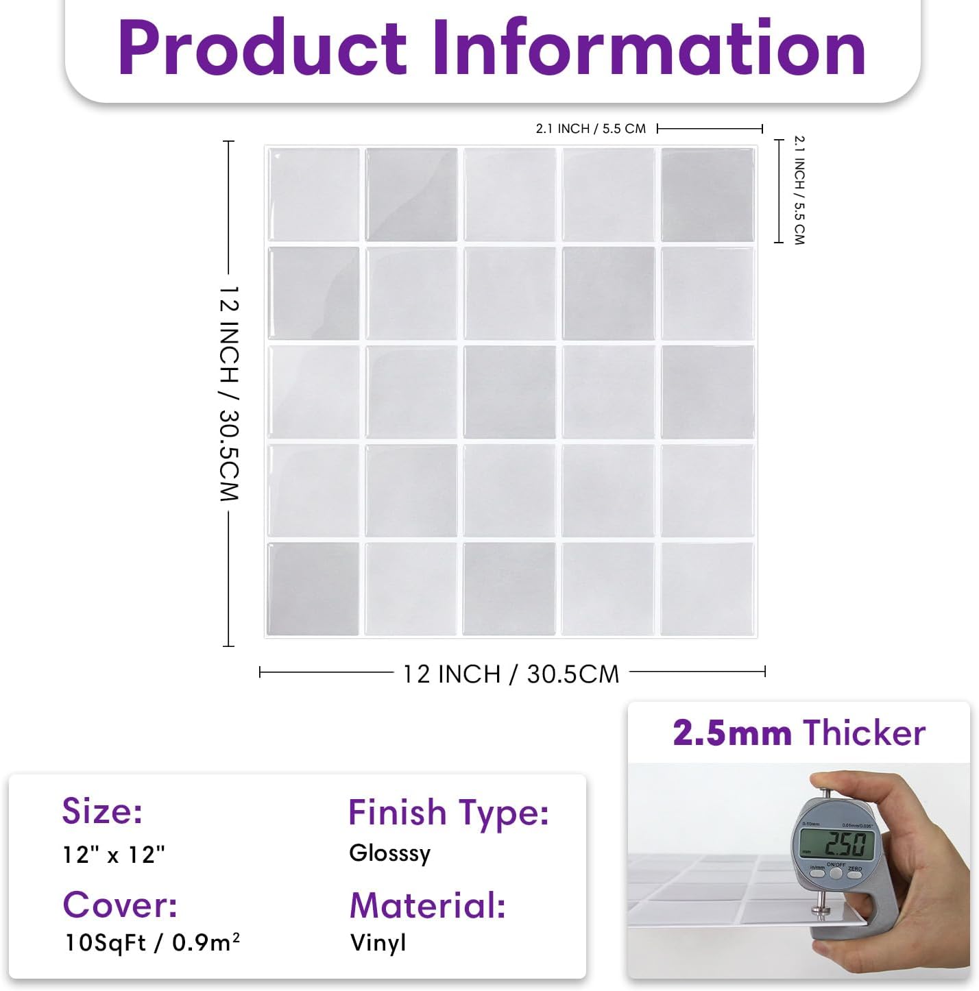 Thicker Peel and Stick Backsplash Tiles- of "- 3D / ST-SM-Q / Light Gray / 12 x 12 / Set of 10