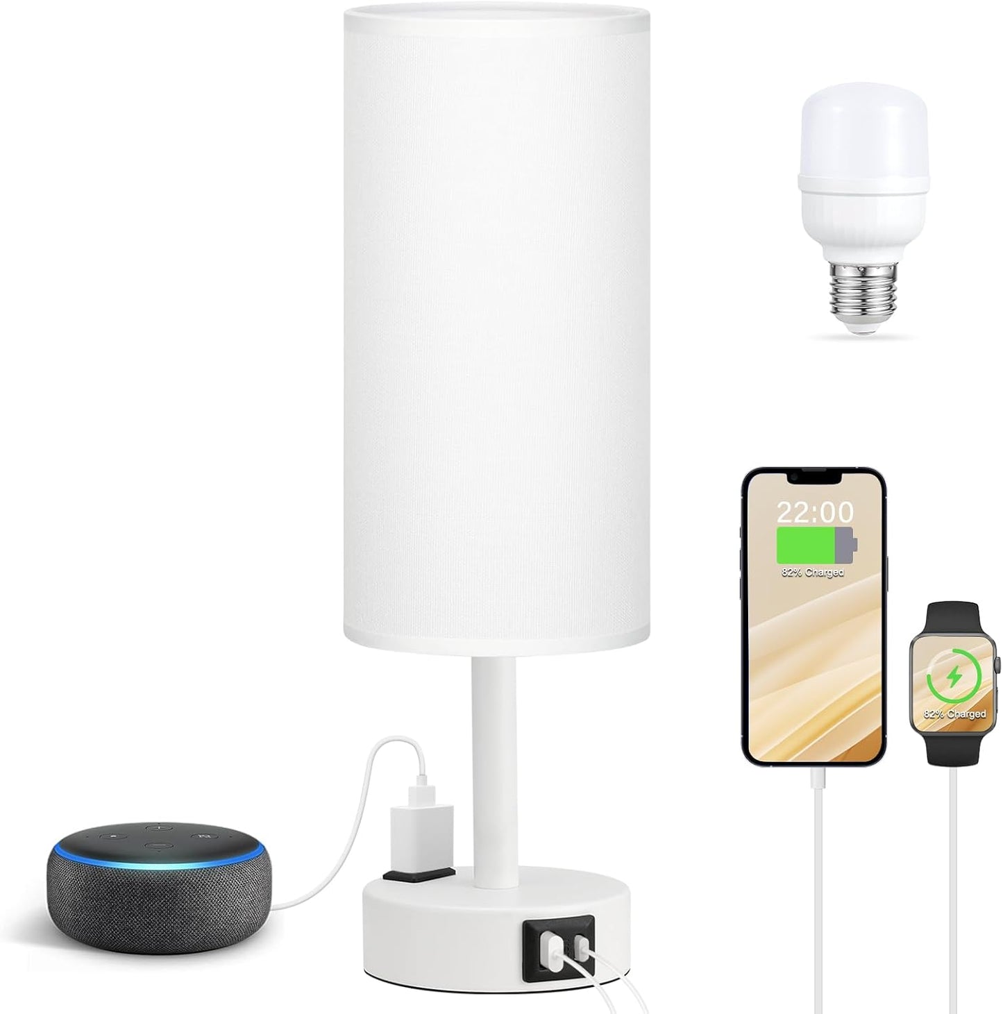 Fenmzee White Bedside Lamp for Bedroom, Dimmable Touch, USB A+C, AC Outlet