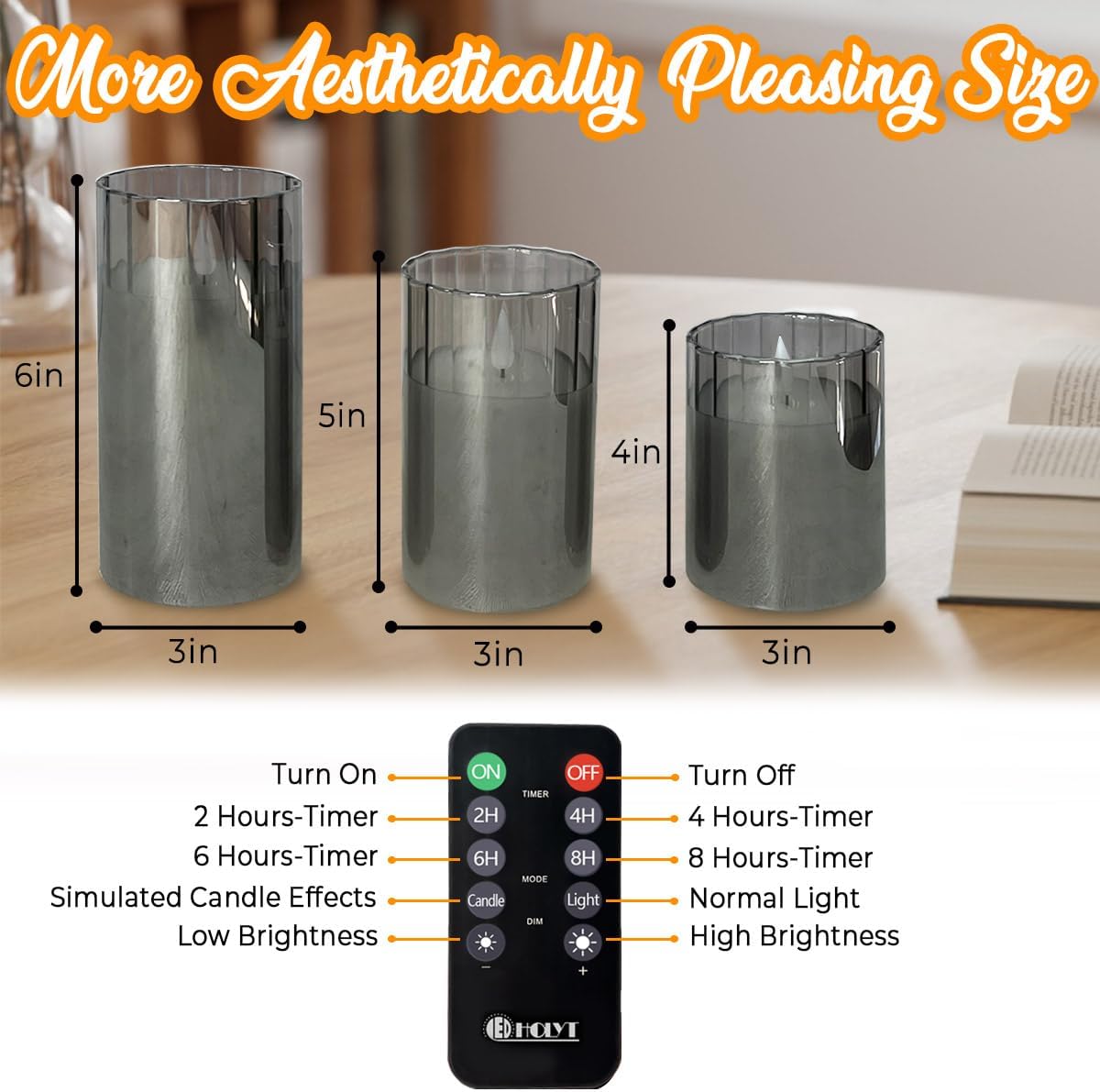 LEDHOLYT Rechargeable Flameless Candle, Flashing LED Pillar Real Wax Candle with Remote Control and Timer, Grey Stripes