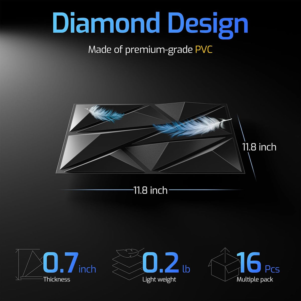 3D Wall Panels Black 16 Pack (Covers 15.5 Sq.Ft), 12" x 12" Diamond Texture Premium PVC Wall Tiles for Interior Decor