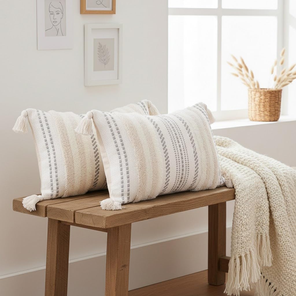 Summer Decorative Boho Throw Pillow Covers / 18 x 18 / Beige and Cream White / Set of 2