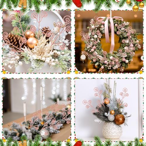 Ysleen 50 Pcs Glitter Tree Picks and Sprays Twigs Branches, Rose Gold
