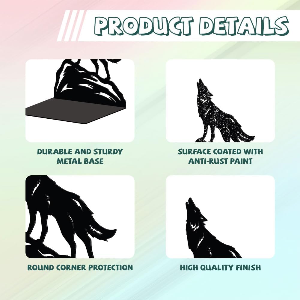 Metal Bookends / Modern Decorative Heavy Duty Study Book Support Stoppers / Howling Wolf