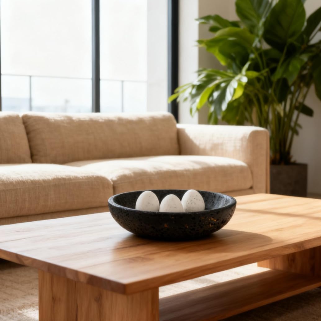 7.8" Natural Stone Centerpiece Bowl for Modern Home Decor / Black