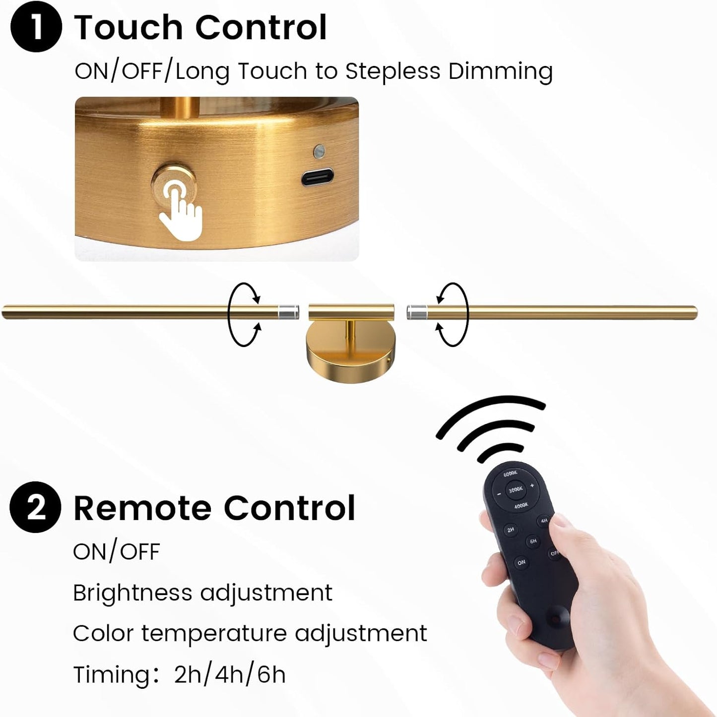 JOFIOS Battery Operated Wall Sconces Set of 2, 34.7In Gold Remote Control | 360°Rotation Wireless Rechargeable Wall