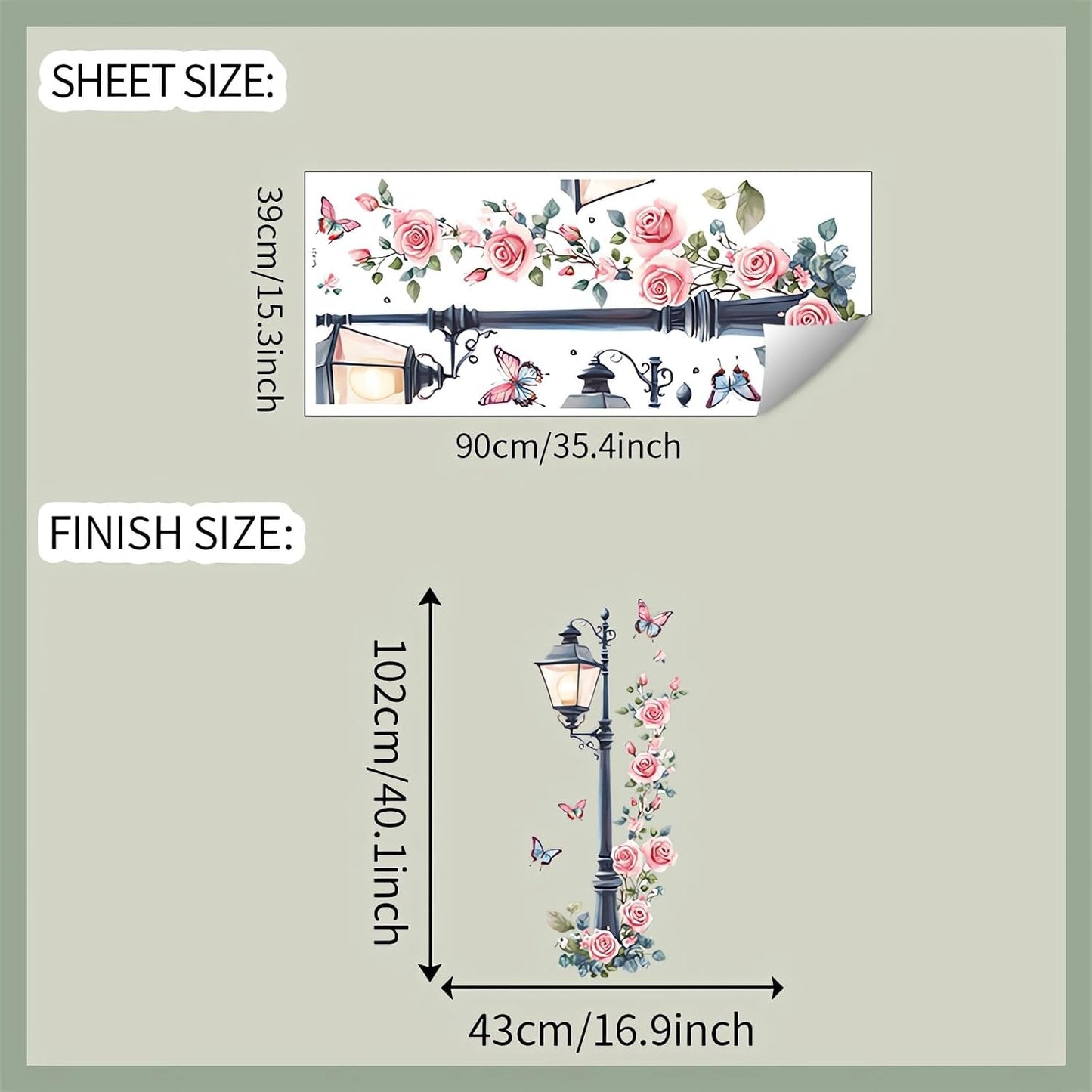 Vintage Street Lamp Rose Butterfly Wall Stickers / Pink