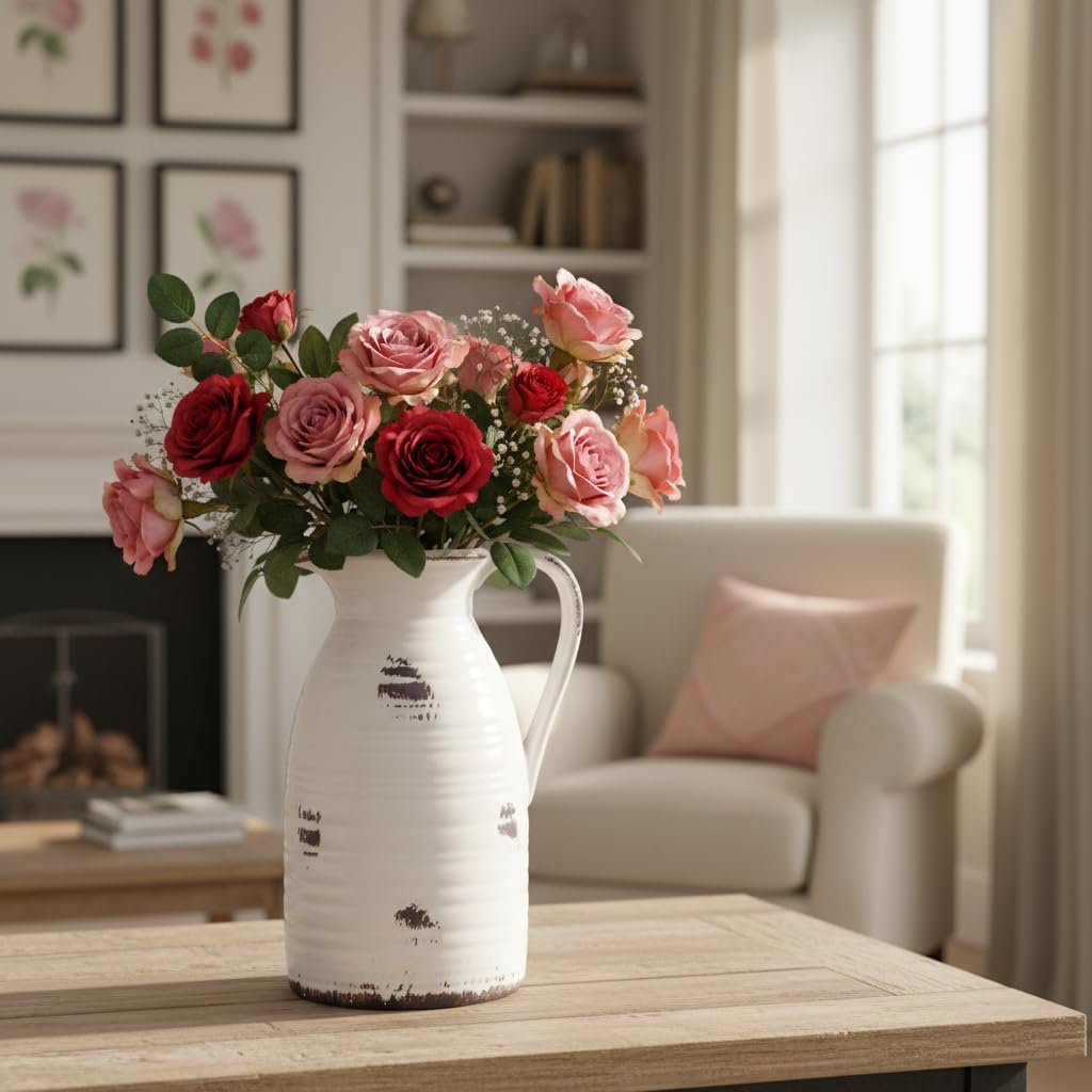 Farmhouse Pitcher Vase for Flowers- Ceramic Pitcher Vase Decrative / White and Qntique Pitcher Vase