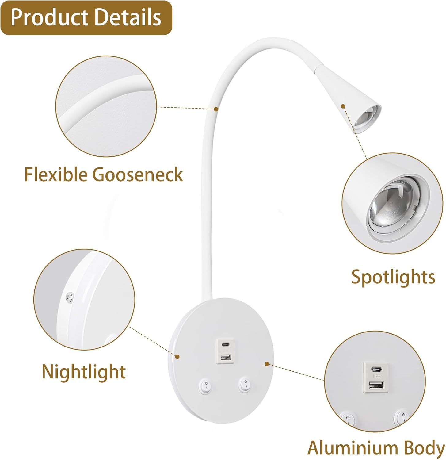 Dimmable LED Wall Reading Lamp - Adjustable Gooseneck Book Light for Bed, USB + Type C Output, 2-in-1 Night Light &