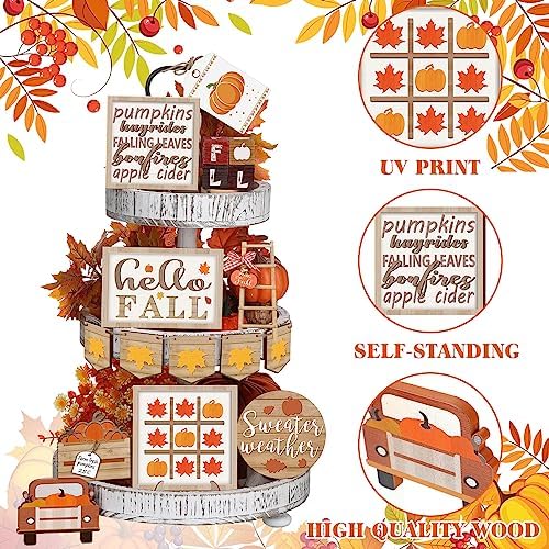 Fairysandy 14 Pcs Fall Tiered Tray Decor Set Maple Wooden Table Sign