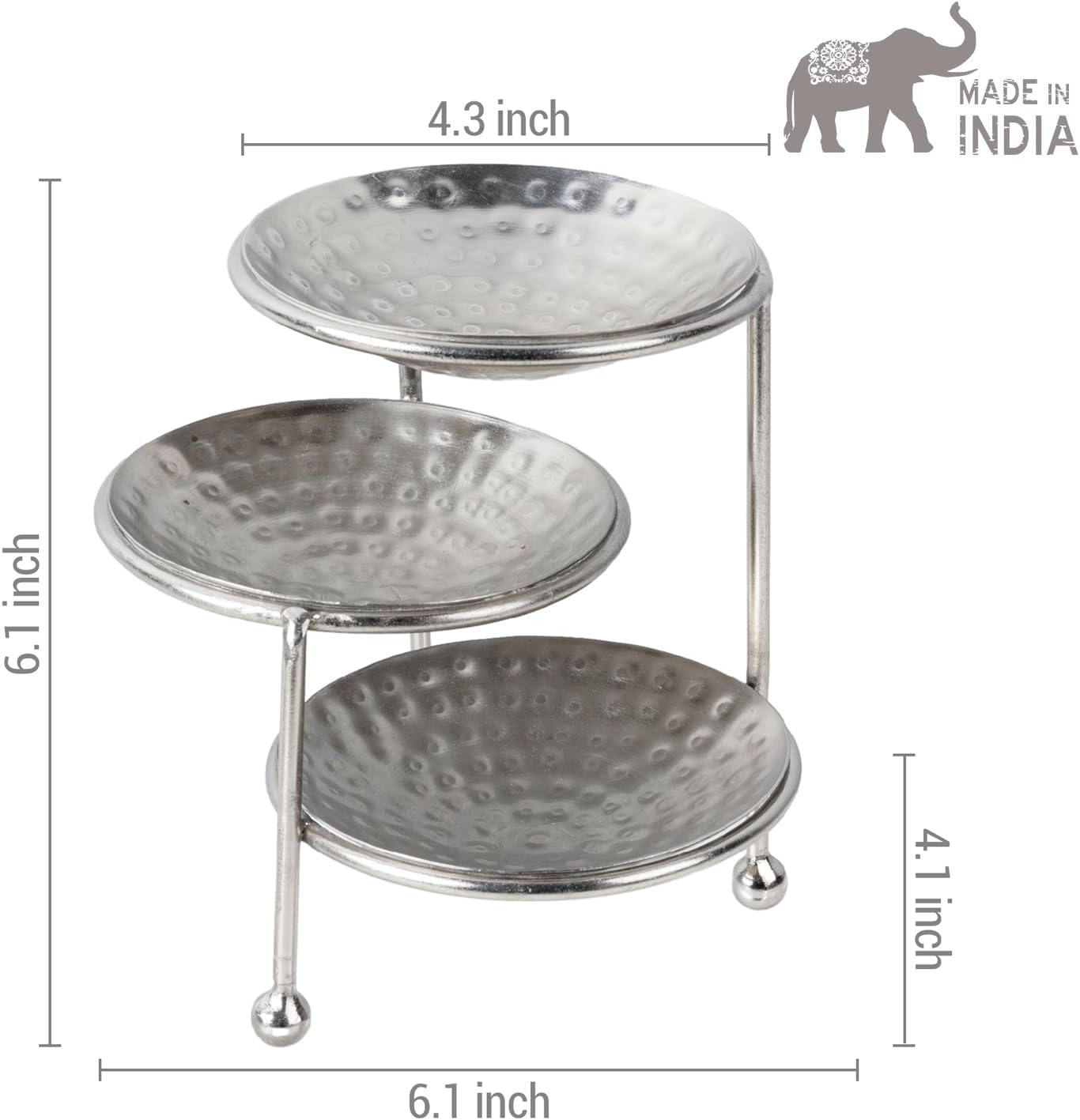 Hammered Silver Metal Dishes and Stand / Silver, 3 Tier / 4 Inch