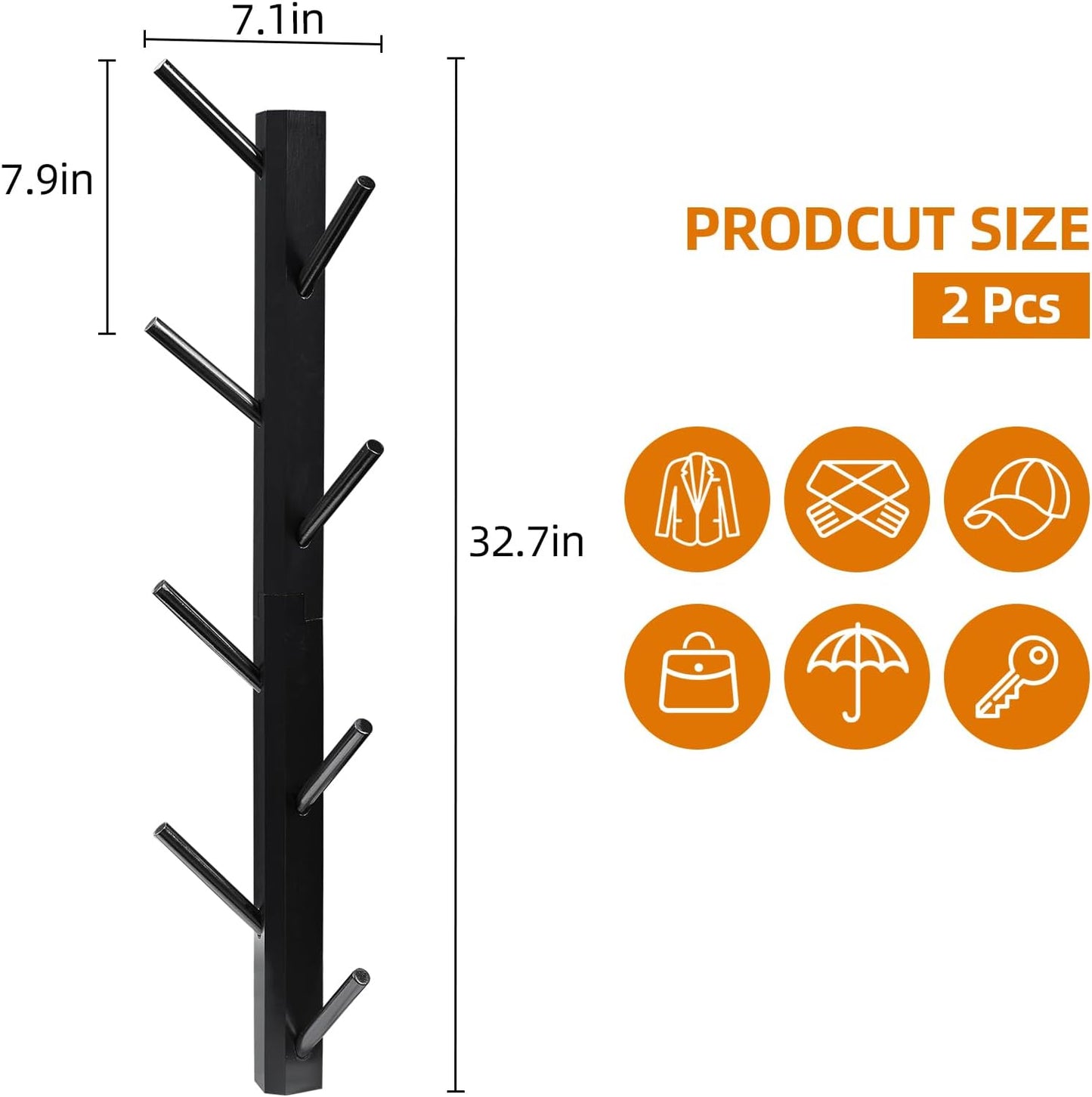 2-Pack Vertical Wall Mount Coat Rack for Clothes and Hats, Black | Bamboo construction, 16 polished hooks, max 50 lbs