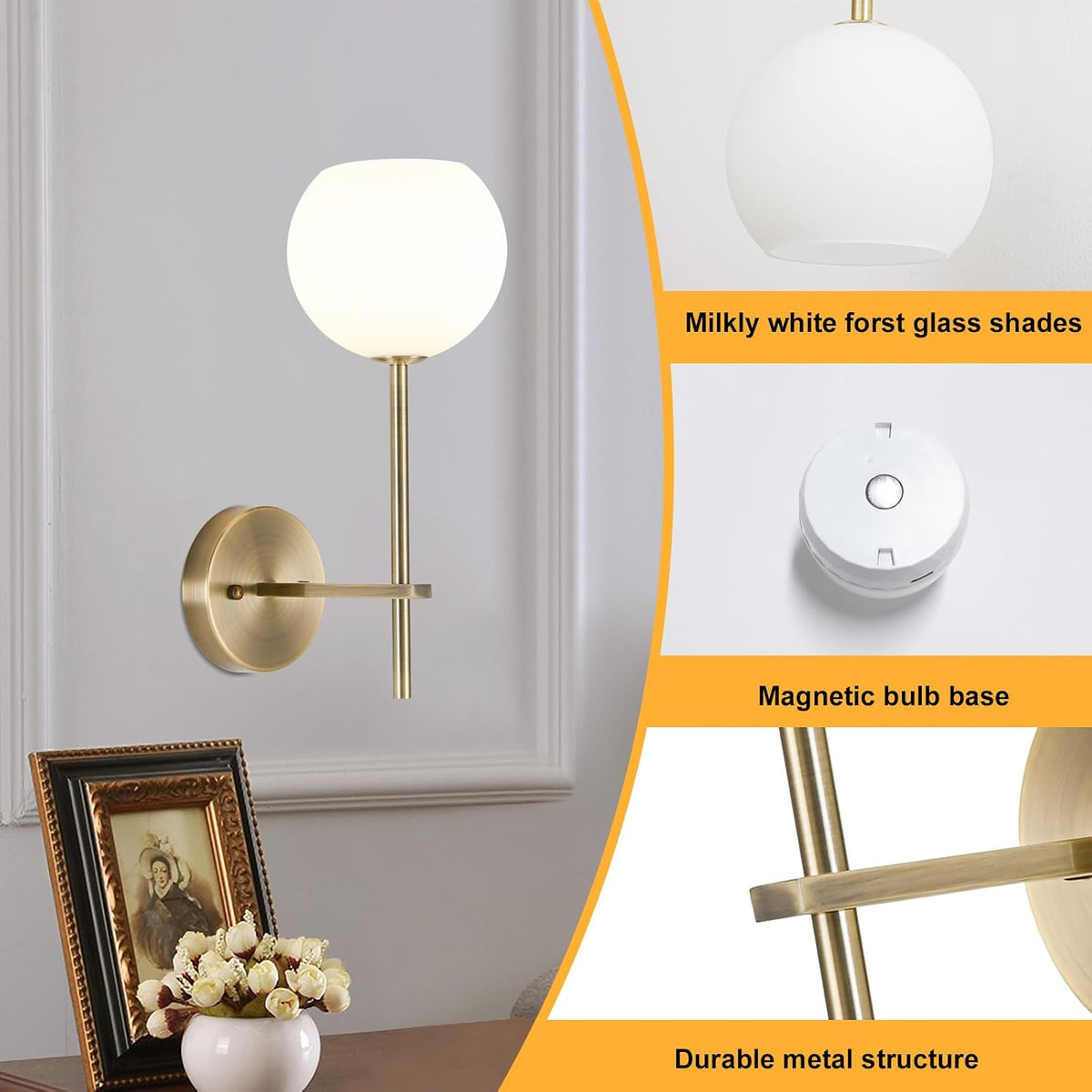 Brass Battery Operated Wall Sconces Set of 2, Rechargeable Wireless Wall Lights with Milky White Frosted Glass, 12 RGB