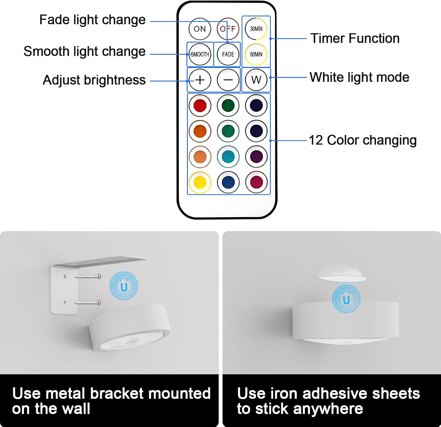 3 Pack Picture Lights for Wall, 13 RGB Color Rechargeable Battery Operated wall lights, Picture Frame lights with 3