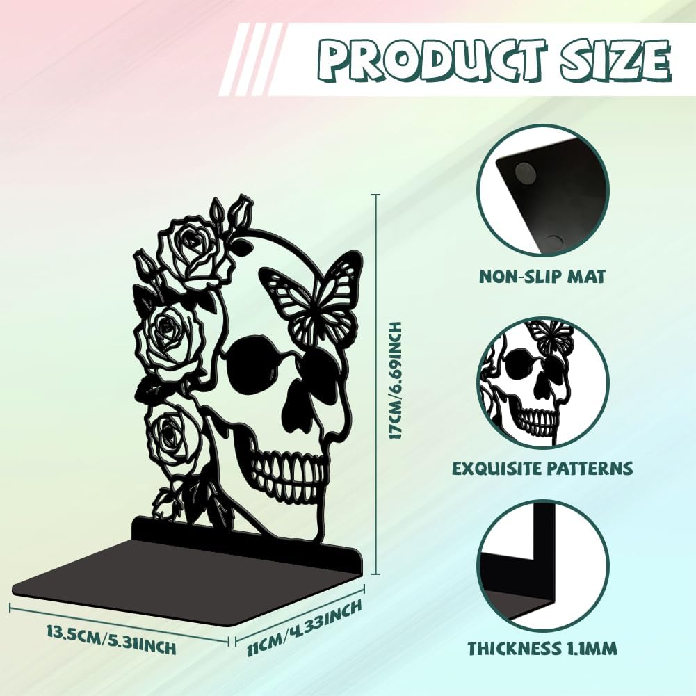 Metal Bookends / Modern Decorative Heavy Duty Study Book Ends Stoppers / Skeleton Rose and Butterfly