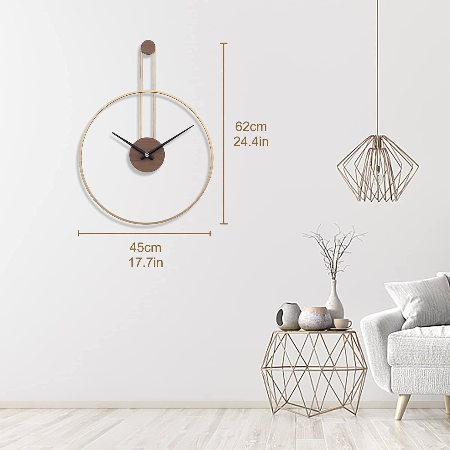 YISITEONE Large Decorative Wall Clock for Living Room,Metal & Walnut Dial Home Decor Silent Non Ticking Lightweight