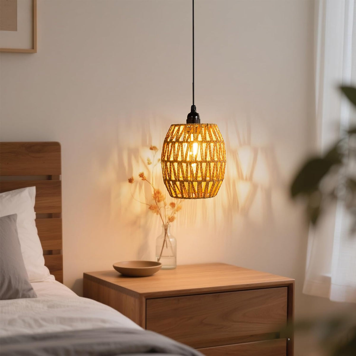 Battery Operated Chandelier, 2 Pack Natural Rattan Pendant Lights - Waterproof Outdoor Boho Hanging Lamps with