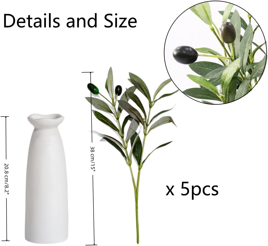 Ceramic Vase / Artificial Plant Olive Branch in Vase / Olive Green / Set of 5