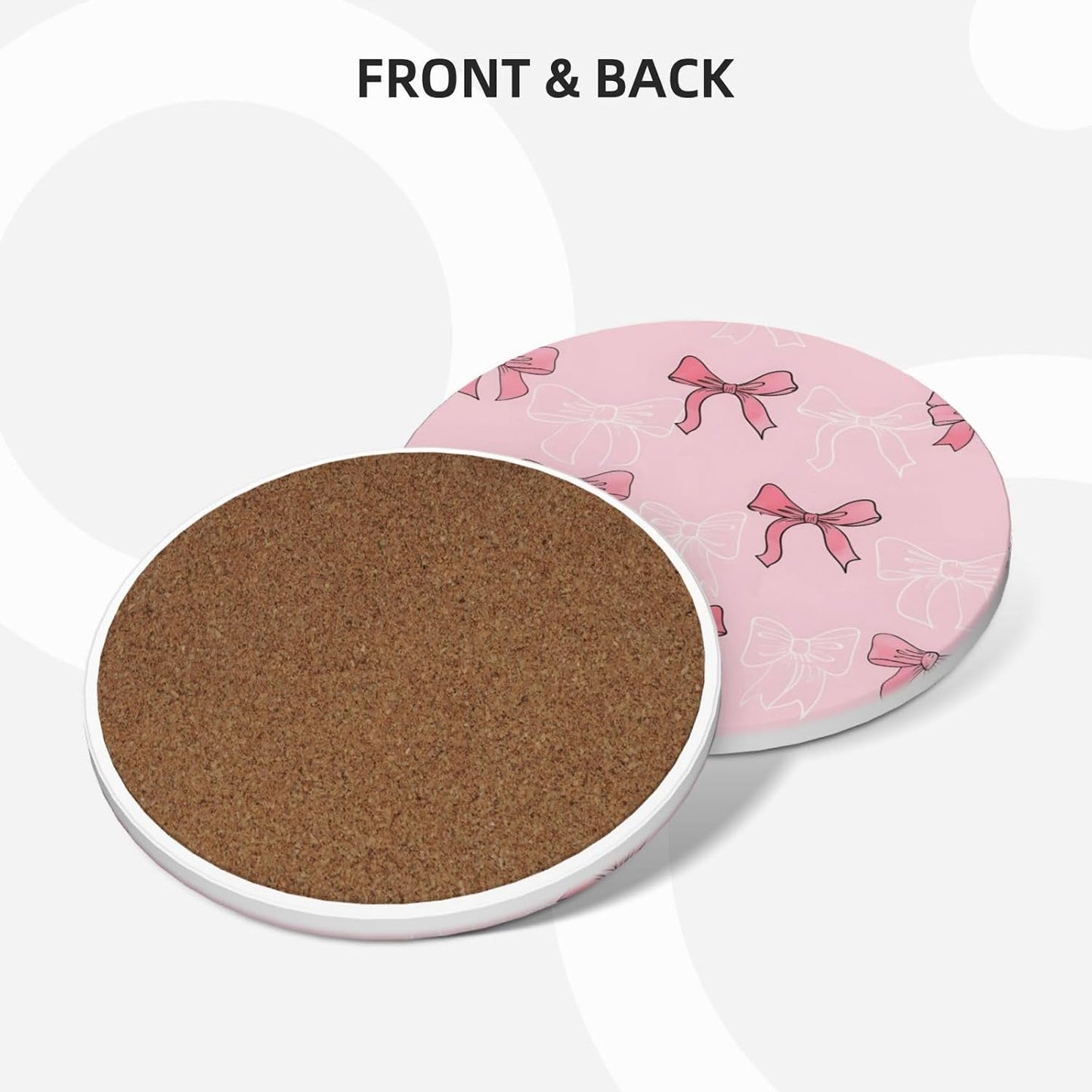 Absorbent Ceramic Cork Base Coasters Set Decorative 4.1 / Pink Bow / Set of 4