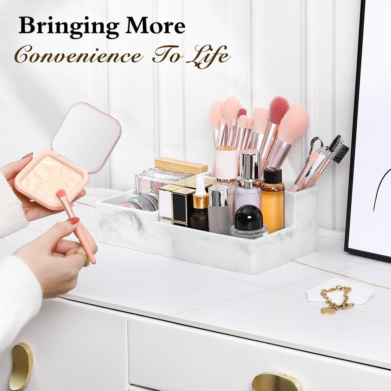 Luxspire Bathroom Counter Organizer with Lid, 6 Slots, Gravel White | Bathroom Vanity Organizer, Bathroom Organizer