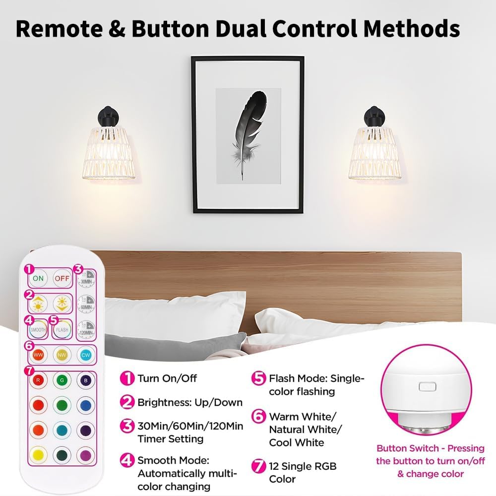 Boho Battery Operated Wall Sconce Set of 2, White Rattan Rechargeable Wall Lights with Dimmable Bulbs and Remote,15