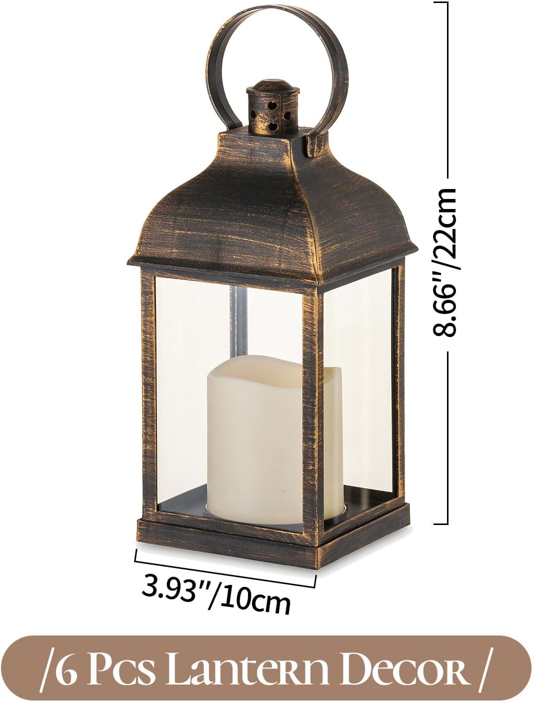 Bronze Small Lanterns with LED Candles, Set of 6 Wedding Decor | Antique Bronze Rustic Lanterns with Glass Panels