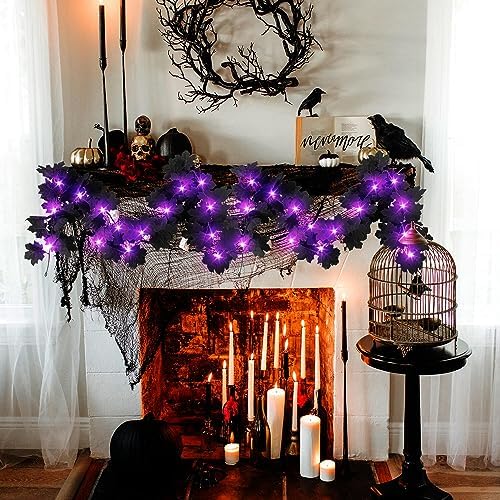 Halloween Black Leaf Garland with Purple Lights, 2 Pack