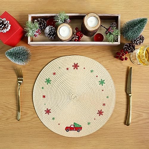 Feuille Round Christmas Placemats Set of 4 13.5 Inch Beige Snowflake Placemats for Round Tables Truck Winter Placemats Perfect for Indoor Christmas Decorations