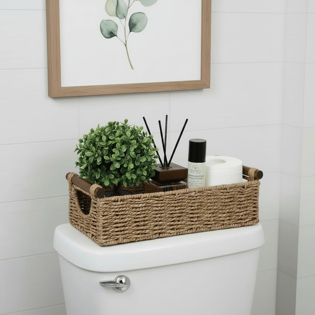 Small Wicker Toilet Basket Tray Organizer W/Cut Out Handle / Neutral / S - 12.99"l x 6.29"w x 3.1"h