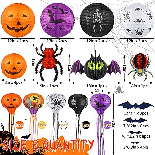 Honoson 48 Pcs Halloween Paper Lanterns Pumpkin Skeleton Spider Bat Decor