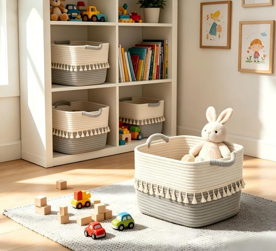 Decorative Basket / Cotton Rope Baskets for Toy / White & Dark Grey / Set of 3