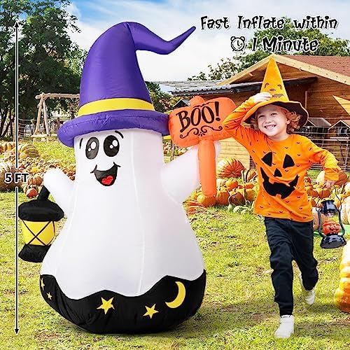 GOOSH 5 FT Halloween Inflatables Ghost Outdoor Decorations Blow Up Yard Cute Wizard Ghost with Hand-Held Light with Built-in LEDs for Garden Lawn Indoor Party Decor