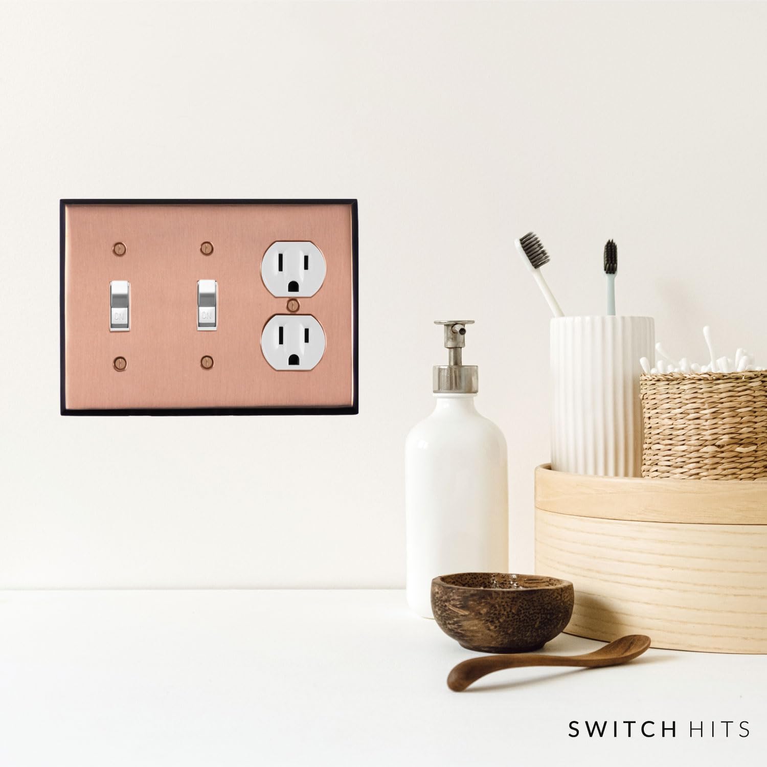 Pink Antique Copper Outlet Wall Plate | 2 Toggle - 1 Duplex | 6.25" x 4.5" | Hand-Polished Brass Construction