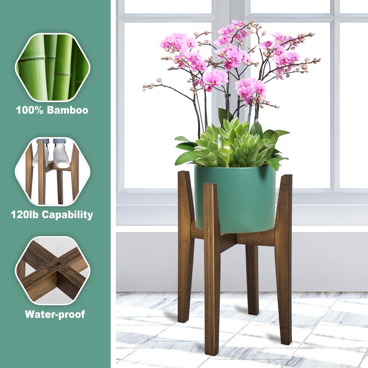 Rnined Plant Stand Indoor, Bamboo Plant Shelf, Adjustable Corner Plants Flower Holders Single Floor Plant Stand, Fits 8