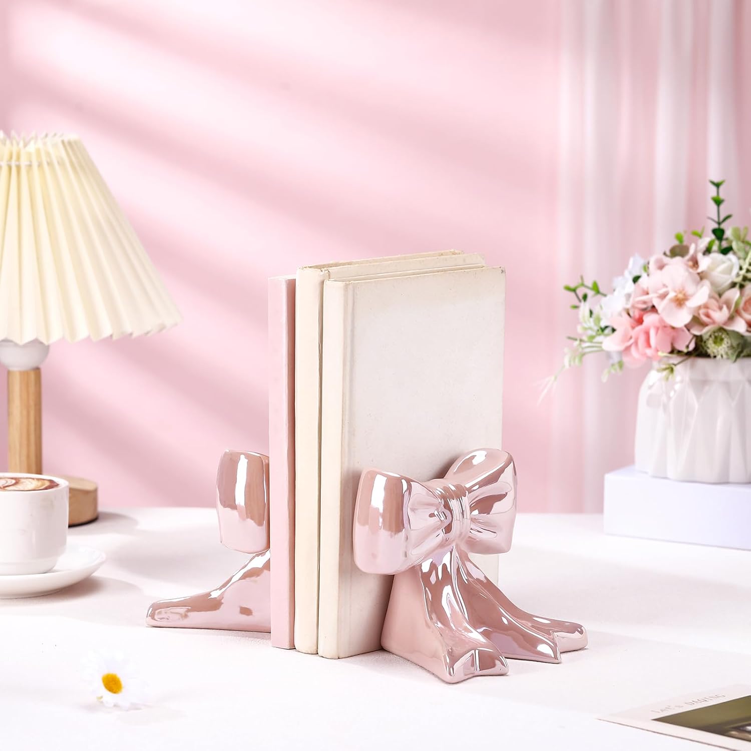 Bow Bookends Ceramic Book Ends Decorative Book Stand Bow Sculpture Statues / Pink / Set of 2