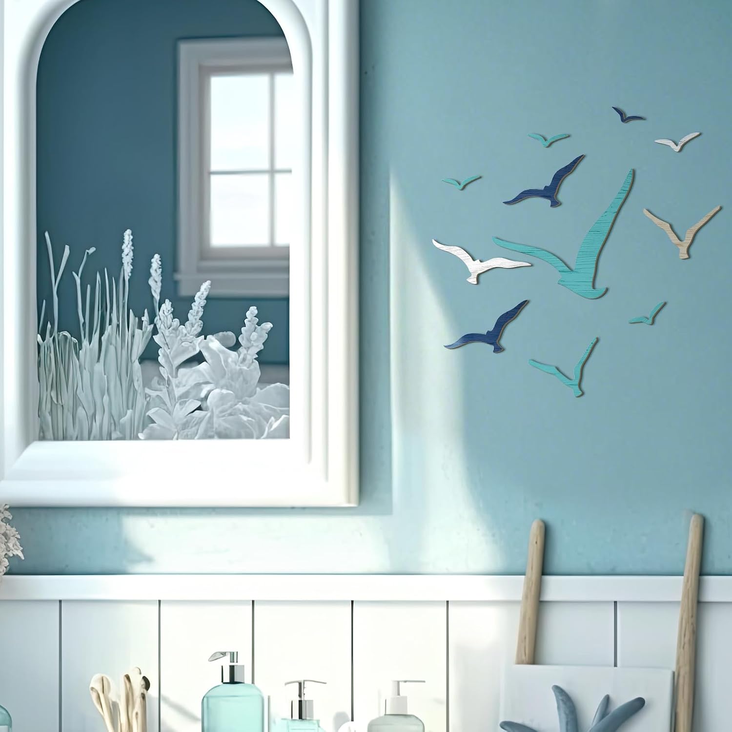 Wooden Seagull Wall Decor Nautical Theme Beach Coastal Art Small / Brown Blue White / Set of 11
