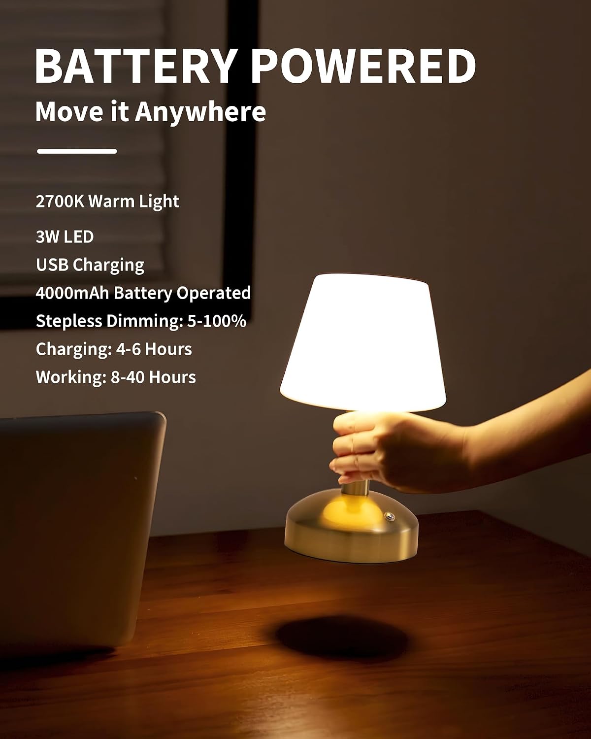 KDG Gold Cordless Small Table Lamp, Portable LED Dimmable Desk Lamp | Modern 4000mAh Rechargeable Battery Operated