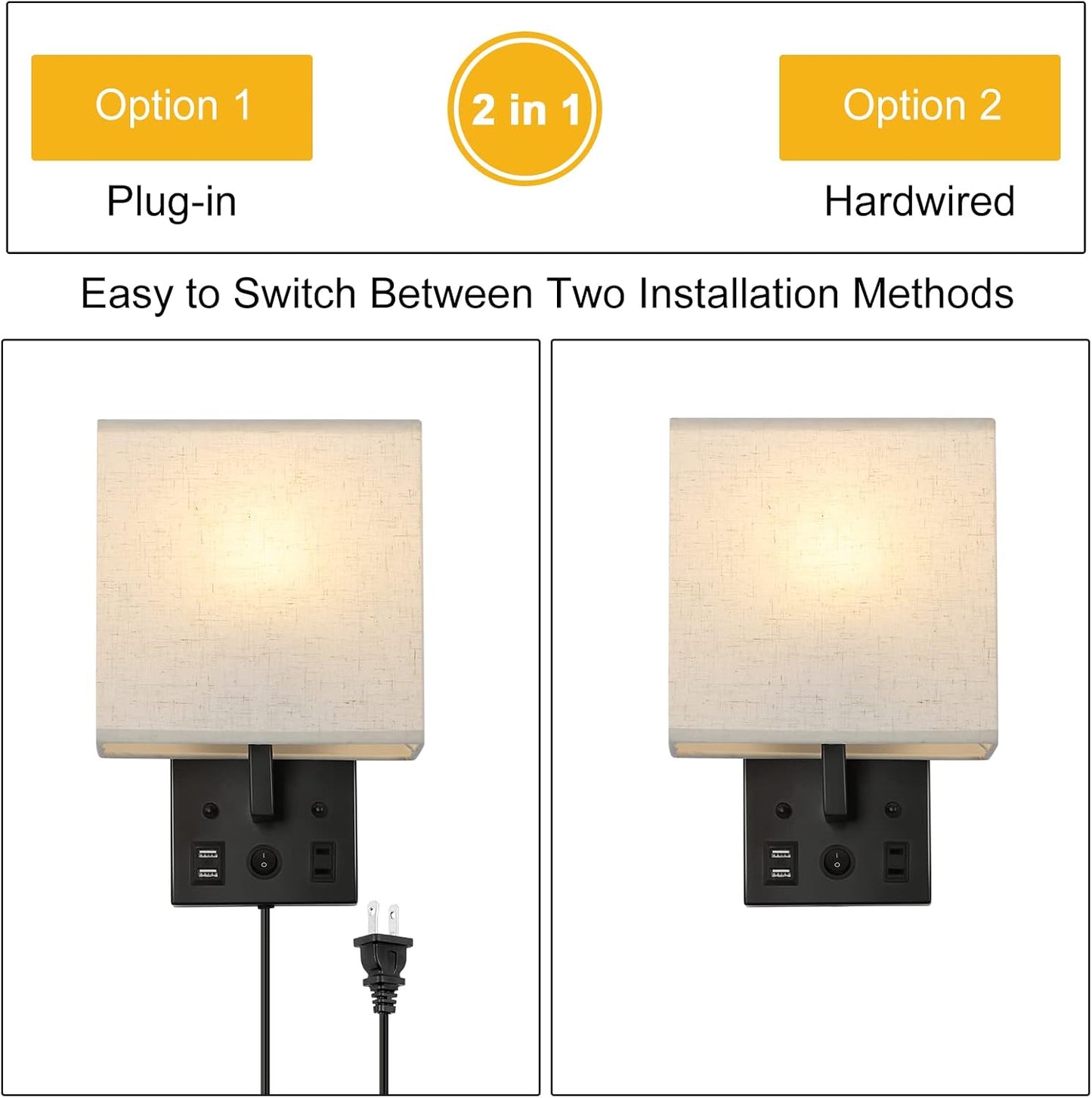 YBING Bedside Wall Lamp Set of 2, Modern Wall Sconces with Plug in Cord Nightstand Wall Lamps with Dual USB and AC