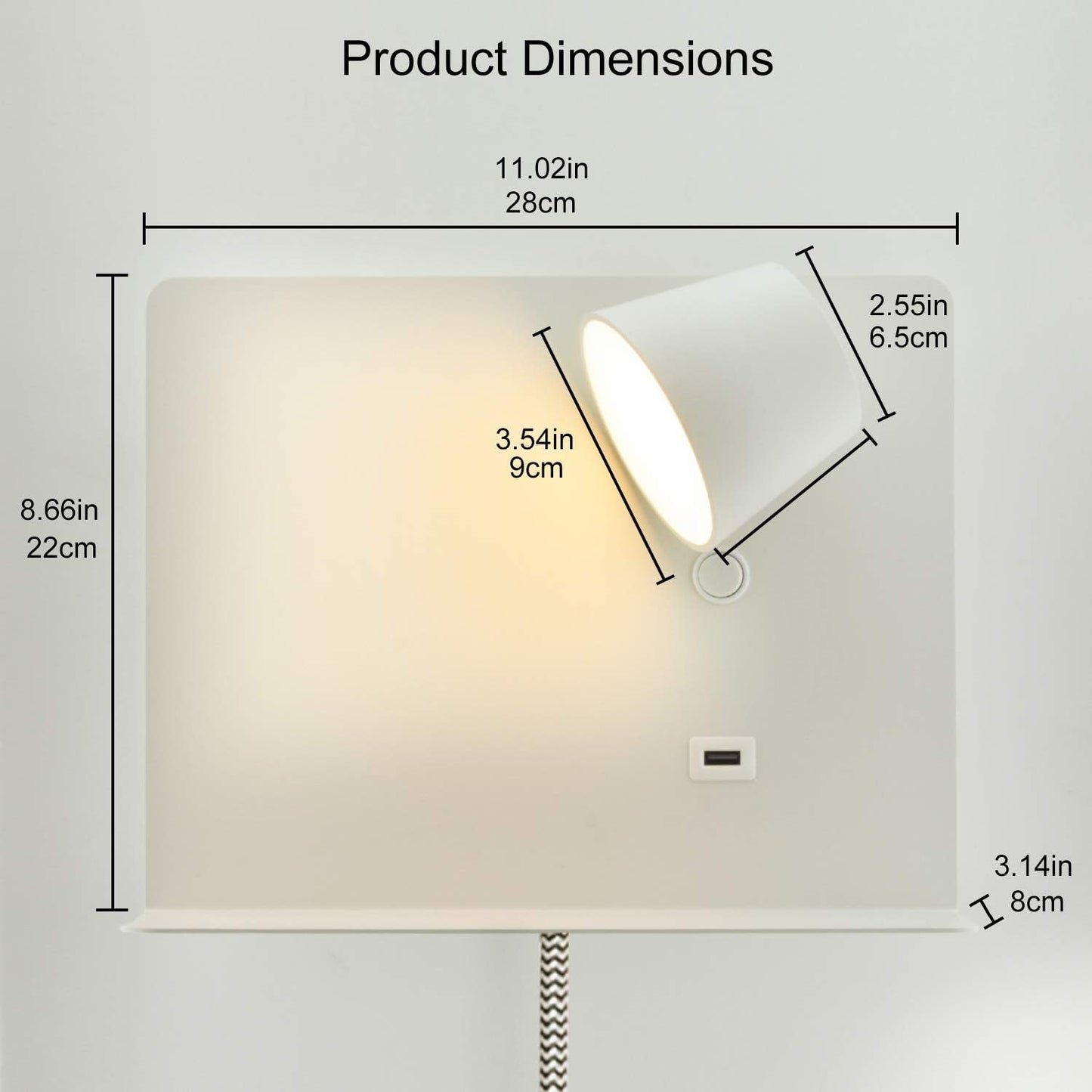 Wall Sconce with USB Port Charging, LED Wall Lamp with Shelf Plug in Cord Reading Lights for Bedside Adjustable