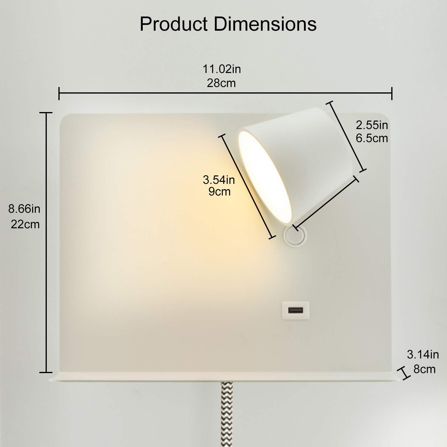 Wall Sconce with USB Port Charging, LED Wall Lamp with Shelf Plug in Cord Reading Lights for Bedside Adjustable