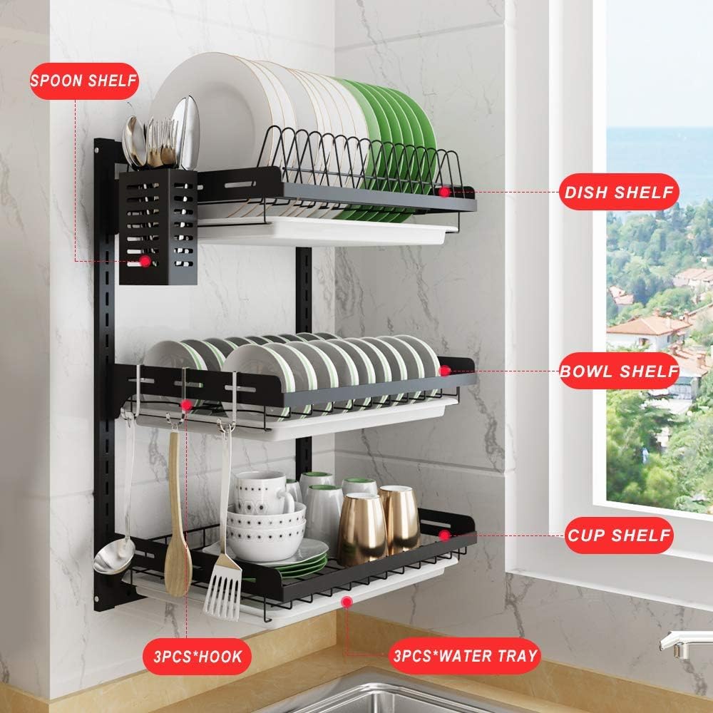 junyuan Hanging Dish Drying Rack Wall Mount,Dish Racks Drainer,3 Tier Kitchen Plate Organizer Storage Shelf with Drain