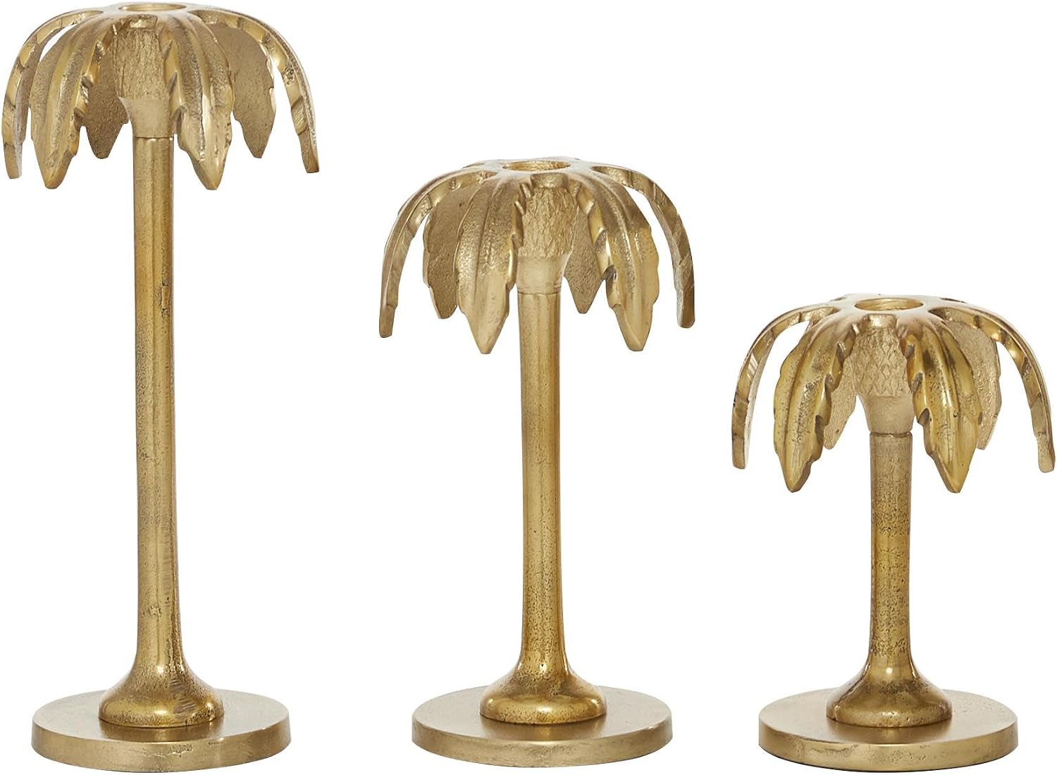 Deco 79 Aluminum Metal Decorative Candle Holder Palm Tree Candle Stand, Set of 3 Candlestick Holder 6", 8", 10"H, Gold