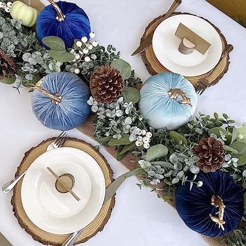 Winlyn 4 Pcs Assorted Blue Faux Velvet Pumpkins Decorative Harvest Pumpkins Fabric Foam Pumpkins for Farmhouse Fall Wedding Halloween Thanksgiving Table Centerpiece Mantel Bowl Decorations