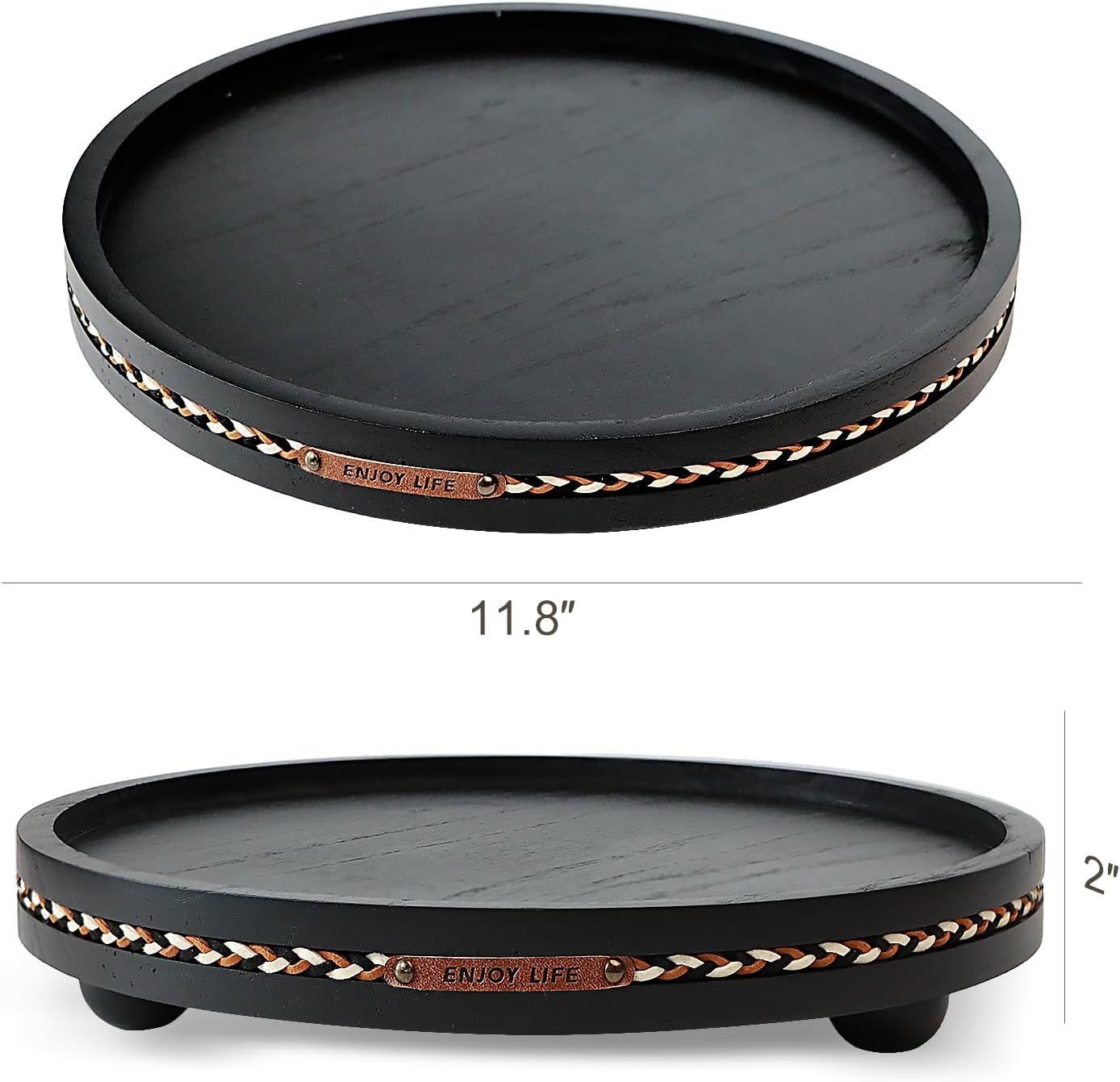Farmhouse Decorative Round Tray / Black with Stripes / 11.81 Inch