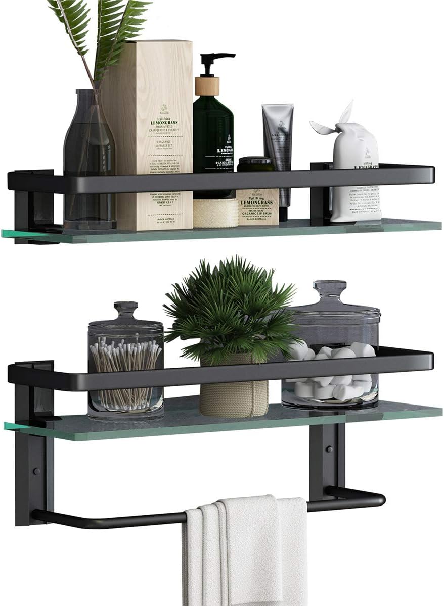 Glass Bathroom Shelf with Towel Bar 15.7in Bathroom Wall Shelves Rustproof Metal Bathroom Wall Organizer 2-Tier (Black)