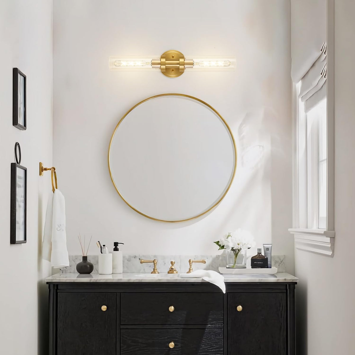 Brushed Gold Bathroom Vanity Light Fixture, 2-Light Modern Wall Sconce Lighting W/Clear Glass, Brass Wall Mount Lamp