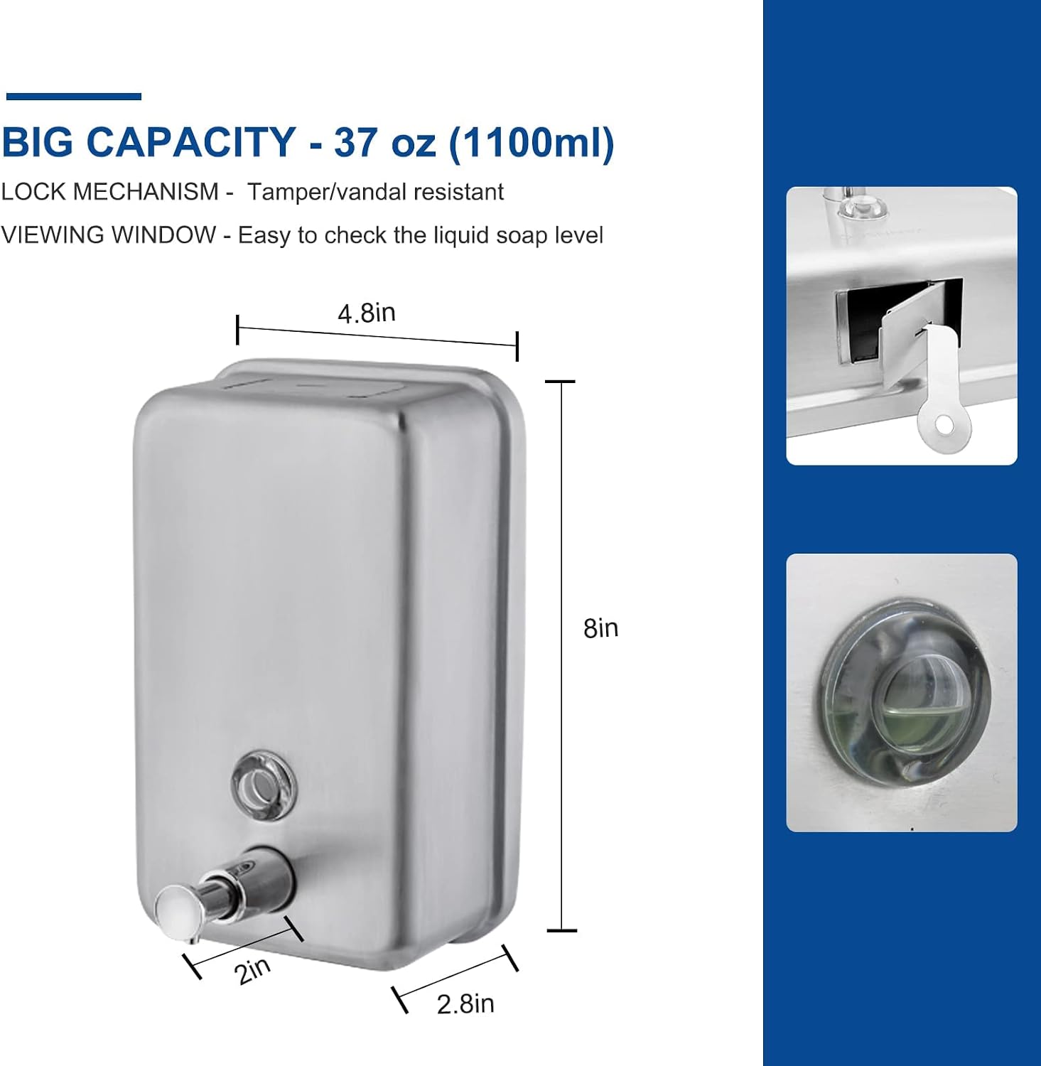 Commercial Soap Dispenser Wall Mount Stainless Steel, Vertical | Rust-Proof Lining and Anti-Leak Pump Liquid Hand