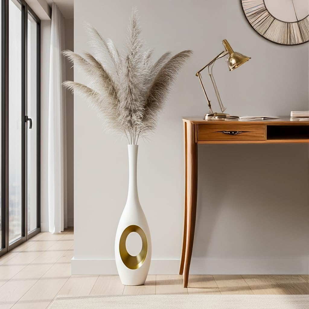 Modern Oval Floor Vase / White & Gold / 23.6in
