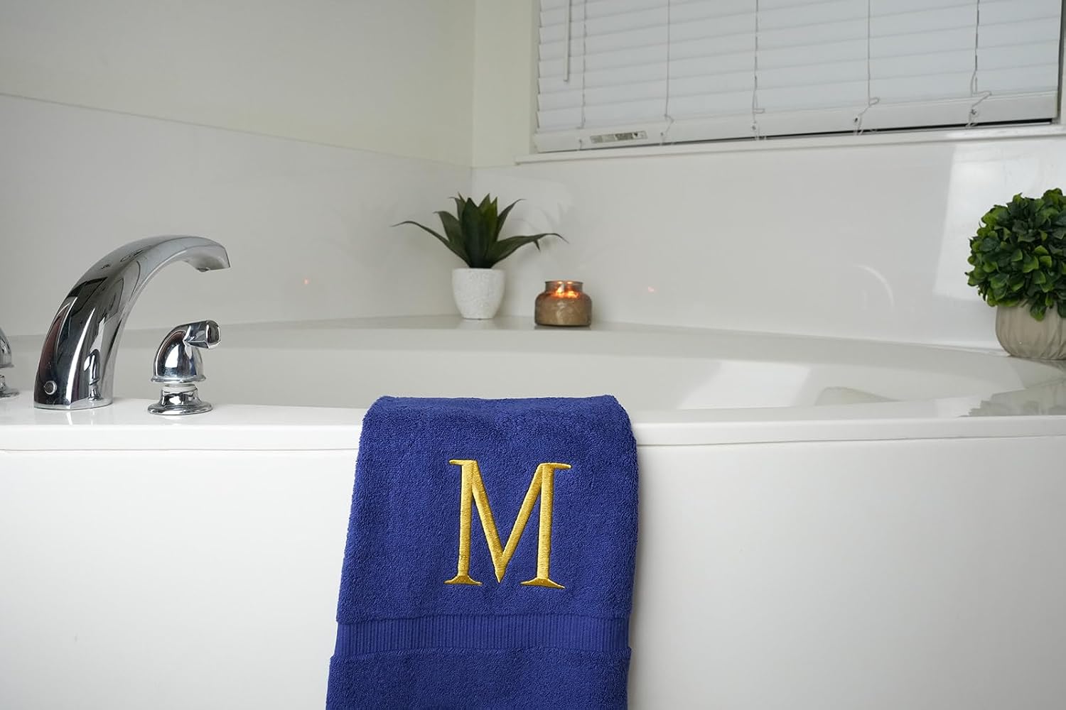 Navy with Gold Monogrammed Hand Towels for Bathroom - Set of 2 Letter M | Luxury Hotel Quality Initial Towels For