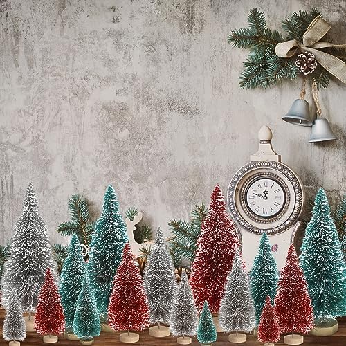 8pcs Mini Christmas Tree, Artificial Bottle Brush Trees with Wood Base, Tabletop Miniature XmasTrees with 4 Small Christmas Wreath, Fake Xmas Tree Ornament, White Christmas Tree for Christmas Décor